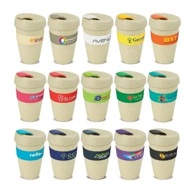 Reusable coffee cups with printed bands