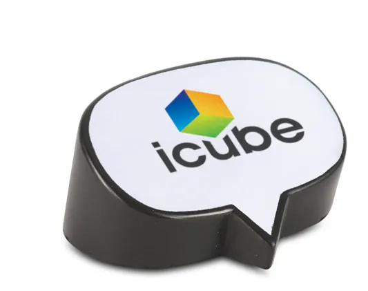 Speech-bubble stress shape with logo